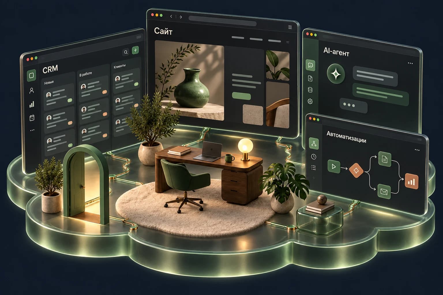 Окна CRM, сайта, AI-агента и автоматизаций образуют стены цифрового офиса на общей платформе в форме облака. Внутри уютное рабочее место со столом, креслом и растениями.