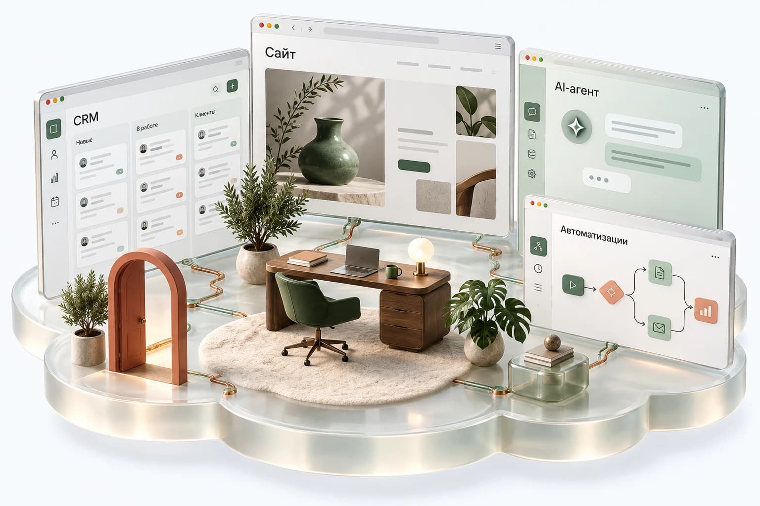 Окна CRM, сайта, AI-агента и автоматизаций образуют стены цифрового офиса на общей платформе в форме облака. Внутри уютное рабочее место со столом, креслом и растениями.